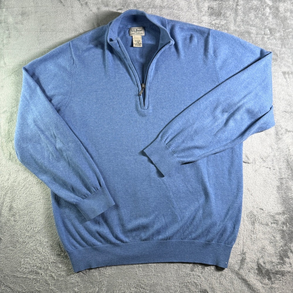 LL Bean Cotton Cashmere 1/4 Zip Pullover Sweater Knit Top Blue L - Picture 2 of 7